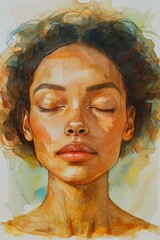Watercolor portrait of a serene face, blending warm and cool tones for depth
