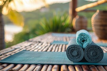 A peaceful yoga session in a serene outdoor setting, perfect for fitness and wellness promotions