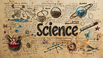 Vintage paper with hand-drawn science icons and bold 'Science' lettering
