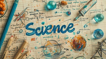 Science-themed flat lay with handwritten notes and text illustration