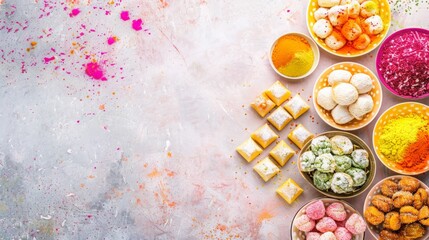 Traditional Indian sweets made with Holi colors at the sides. Clear space in the center for text.