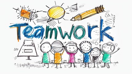 Hand-drawn sketch of stick figures holding hands under the word Teamwork.