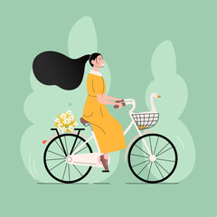Cycling with a goose in a basket, a girl walking (in vector)