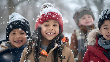 Photograph of diverse ethnicity group of kids at a snowy park in winter . Model photography.