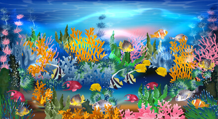 Underwater banner with tropical fish, vector illustration