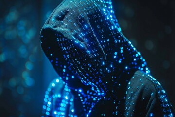 blue digital hacker with glowing binary code, ai in cybersecurity systems, threat detection algorithms, penetration testing tools, digital forensics analysis. cybercrime, cyber attack. - obrazy, fototapety, plakaty