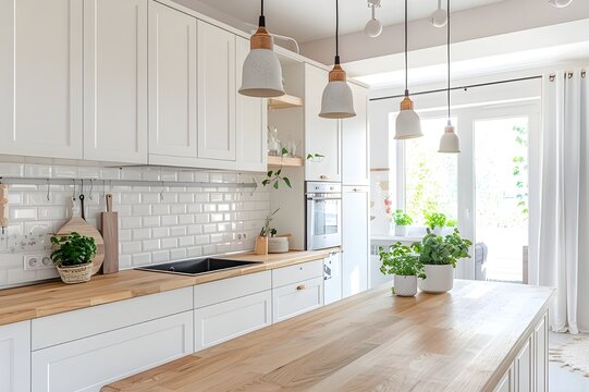 A kitchen with white cabinets, wooden counters, and pendant lights.