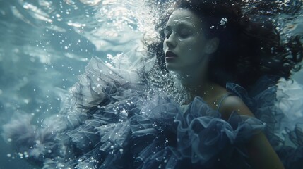 underwater with the model wearing a voluminous dress. The water will add a chaotic element as it affects the movement of the dress.