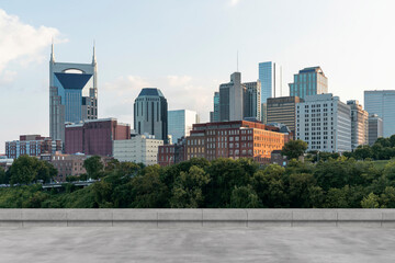 Skyscrapers Cityscape Downtown, Nashville Skyline Buildings. Beautiful Real Estate. Day time. Empty rooftop View. Success concept. - obrazy, fototapety, plakaty