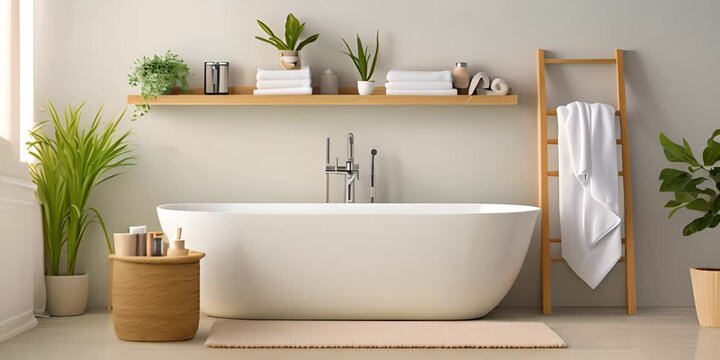 Modern sustainable white bathroom interior with bathtub, bath accessories and white towel on wooden shelf with potted plants. Eco friendly bathroom interior. 4K Video
