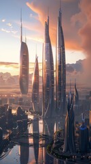 Capture the essence of tomorrow with an image showcasing futuristic architecture, eco-conscious skyscrapers, and the soft glow of dawn.