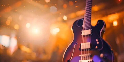 Music holiday composition with close up electronic guitar on blurred concert background with bokeh effect. 4K Video