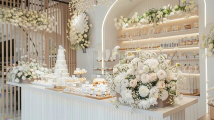 A bakery that has a special White Day theme. The display is filled with white pastries and cakes, and the bakery itself is decorated with white flowers