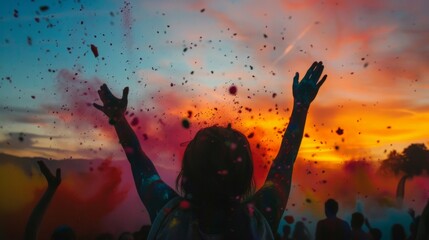 a beautiful sunset scene where the sky is filled with vibrant Holi colors. Silhouettes of people can be seen celebrating in the distance