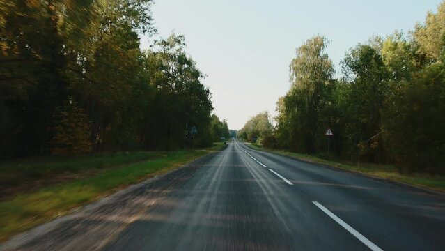 View through rear windshield windscreen of car in motion, back glass screen. Single carriageway with two-lane road along forest. Countryside roadway out of town. Travel journey trip in autumn fall