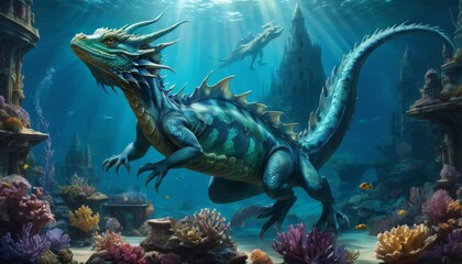 Fototapeta na wymiar An underwater fantasy realm with a majestic blue dragon roaming an ancient, coral-covered cityscape.. AI Generation