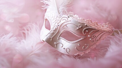 a beautifully crafted white masquerade mask with intricate lace details and a single white feather. The background is a soft, blurred pink, creating a sense of mystery and romance