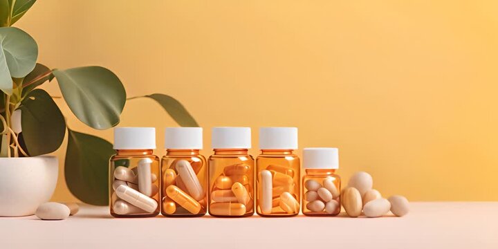 Natural pills, vitamins or supplements on glass shelf on beige background. White bottle with healthy supplements in gel capsules. Omega 3, fish oil or vitamin D3. 4K Video