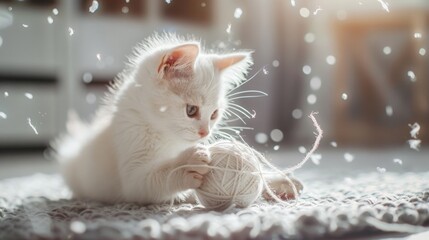 a clumsy but sweet cat trying (and failing) to present a white yarn ball as a White Day gift to its owner. Playful chaos ensues as the yarn unravels across the room