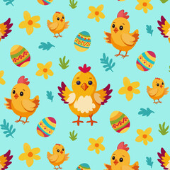 blue Easter pattern with chicks, eggs, yellow flowers and grass