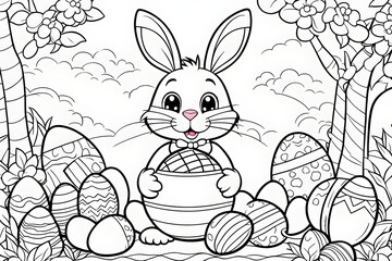 Kids Coloring Pages of Cute Cartoon Bunny with Chocolate Eggs - Simple, No-Shading Designs for Preschoolers