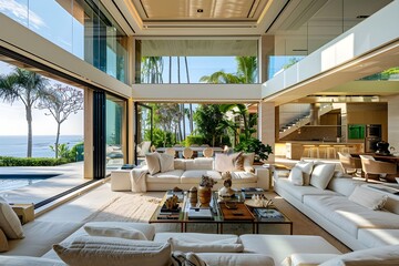 Fototapeta premium A spacious living room with white couches and a glass table. Large windows and doors lead out to a patio with a view of the ocean.