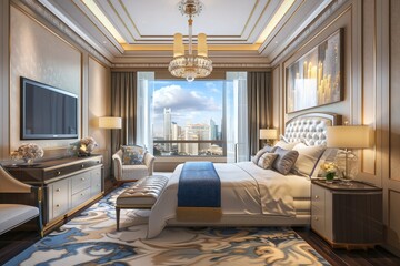 3d rendering beautiful luxury bedroom suite in hotel with tv and working table