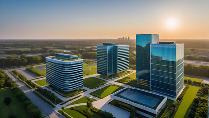 Urban skyline, high-rise building complex, business center office building, modern city center with...