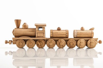 Wooden toy train with locomotive and five carriages on white background