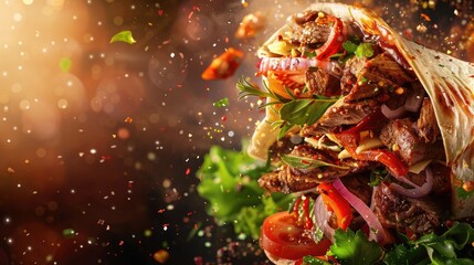 fresh grilled beef turkish or chicken arabic shawarma doner sandwich with flying ingredients and spices hot ready to serve and eat food commercial advertisement menu banner with copy, Generative ai - obrazy, fototapety, plakaty