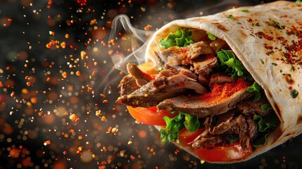 fresh grilled beef turkish or chicken arabic shawarma doner sandwich with flying ingredients and...