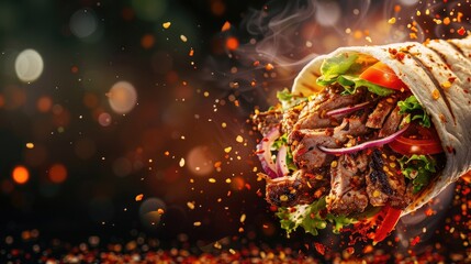 fresh grilled beef turkish or chicken arabic shawarma doner sandwich with flying ingredients and spices hot ready to serve and eat food commercial advertisement menu banner with copy, Generative ai - obrazy, fototapety, plakaty