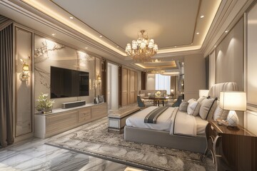 3d rendering beautiful luxury bedroom suite in hotel with tv and working table