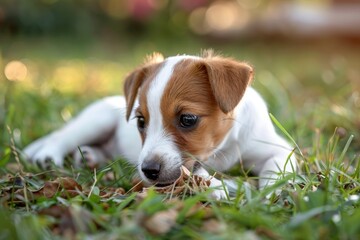 Young Parson Russell Terrier puppy on grass chewing dried rumen