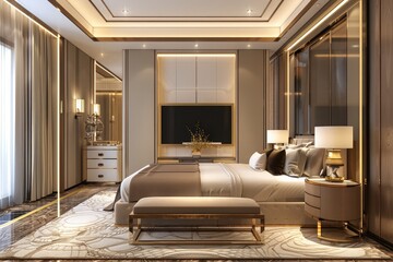 3d rendering beautiful luxury bedroom suite in hotel with tv and working table