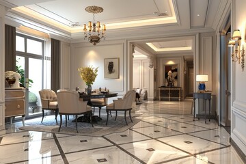 3d rendering modern dining room and living room with retro armchair and european style