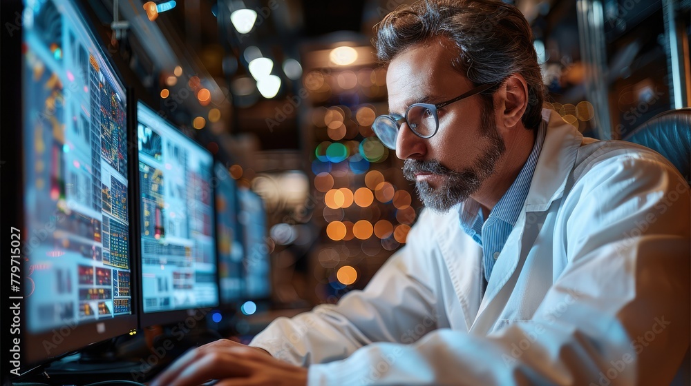 Poster A scientist working at a computer, analyzing data and conducting simulations. Generative AI.