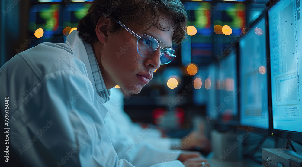 Aufkleber A scientist working at a computer, analyzing data and conducting simulations. Generative AI.