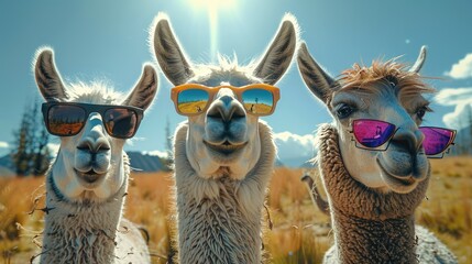 Fototapeta premium Three llamas wearing sunglasses standing in a field. Generative AI.