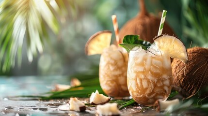 Refreshing Coconut Drinks with Straws in Lush Tropical Setting