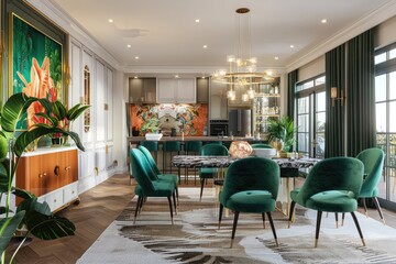 3d rendering modern dining room and living room with retro armchair and european style