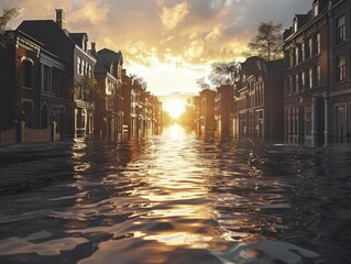 Flooded coastal city streets due to rising sea levels, future impact of global warming.