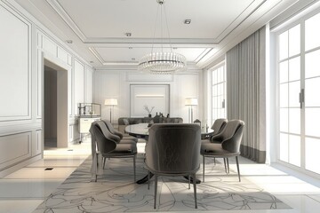 3d rendering modern dining room and living room with retro armchair and european style