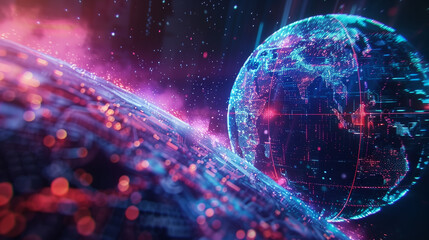 Obraz premium A computer chip is shown in a bright orange and blue color. The image is of a computer chip that is glowing in the dark