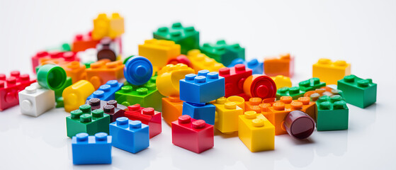 Multicolored Toy Building Bricks on White Background - obrazy, fototapety, plakaty