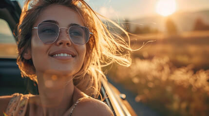 Portrait of woman sticking out of car window while car driving at summer nature. Generative AI.