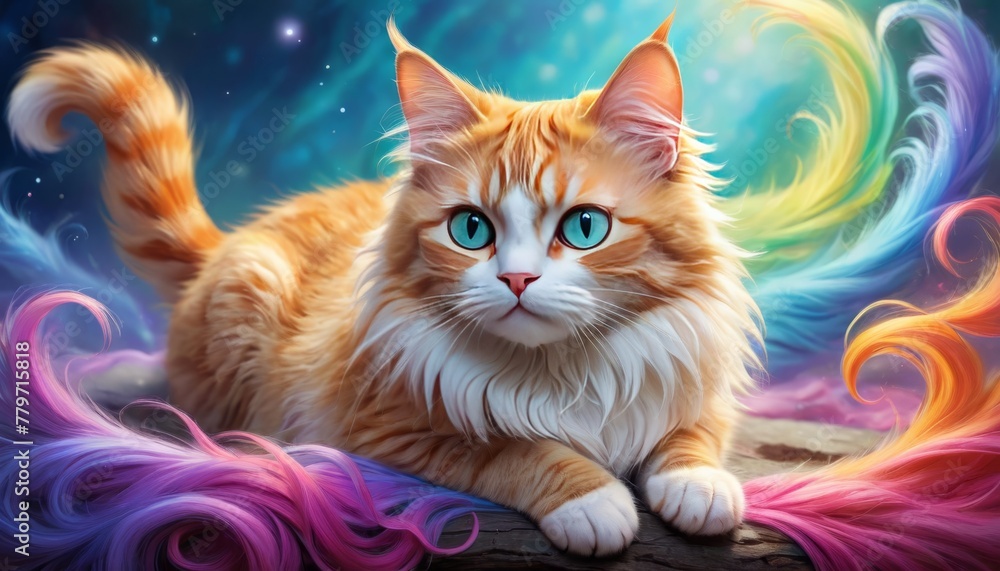 Aufkleber A vibrant portrait of a whimsical feline surrounded by a galaxy of colorful swirls in a fantasy setting.. AI Generation