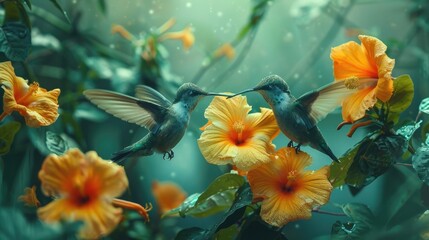 Hummingbirds Sipping Nectar from Vibrant Tropical Flowers in Lush Garden Scene