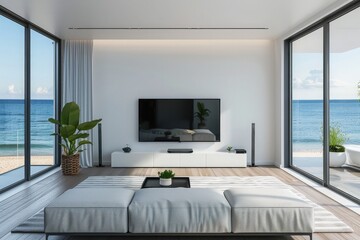 3D rendering of modern living room with TV screen and sofa on sea background.