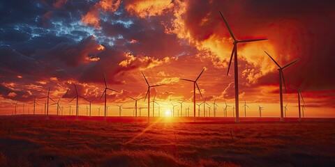 Renewable energy farms at sunrise, showcasing alternative power sources. - obrazy, fototapety, plakaty